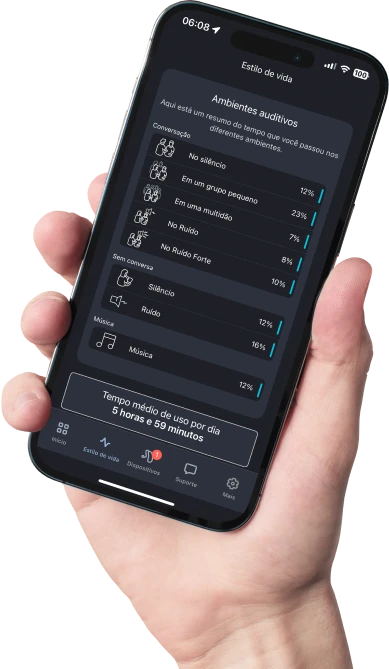 Celular mostrando o aplicativo Hearing Remote da Sonova, compatível com os aparelhos auditivos vista B